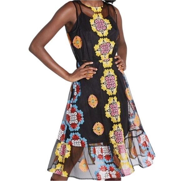 ModCloth Size Medium Follow My Lead Embroidered Midi Dress Floral Black Yellow - Picture 7 of 10